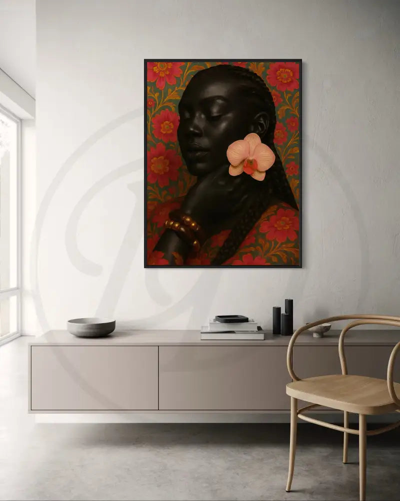 Floral Black Woman Portrait Print | Orchid Earrings & Braids Art