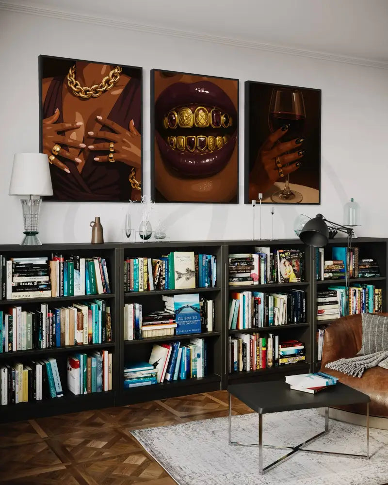 Trio of Afro glam digital prints with gold jewelry and wine