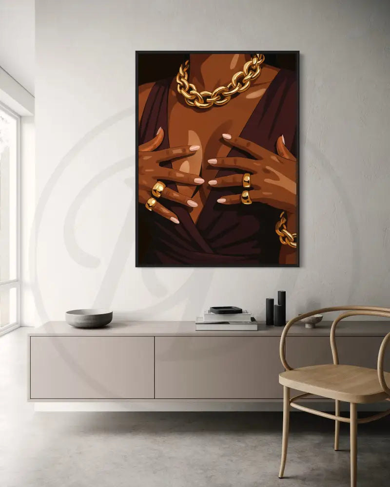 Faceless Black woman art with gold rings and plum dress