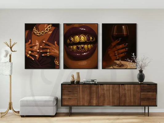 Stylish Black art set with plum, gold, and rich brown tones