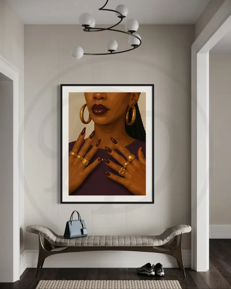 Digital wall art of faceless Black woman with deep plum nails