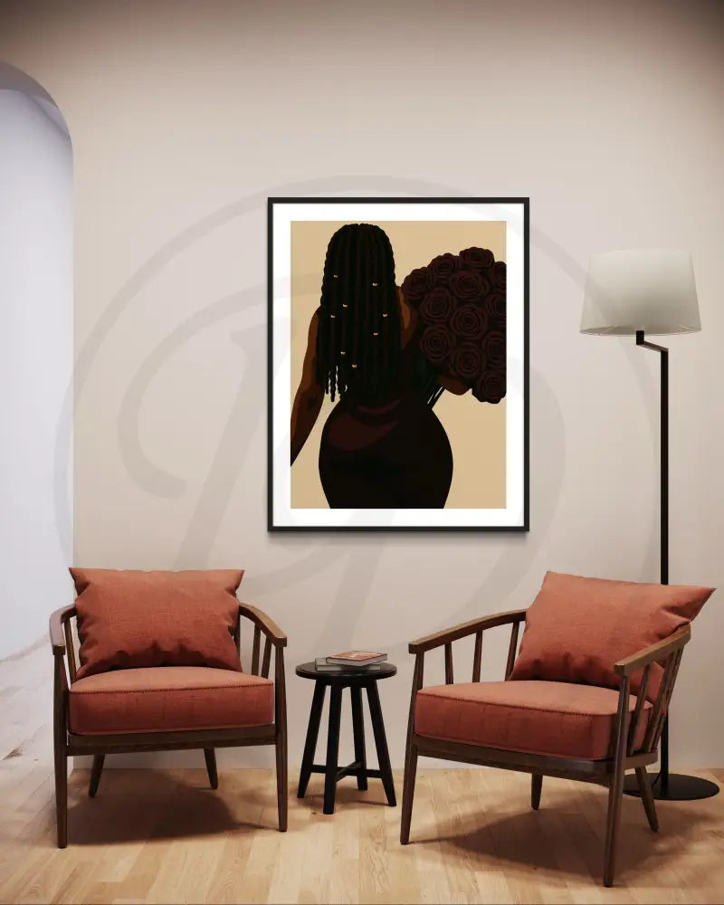 Stylish Afrocentric printable art of woman holding roses

