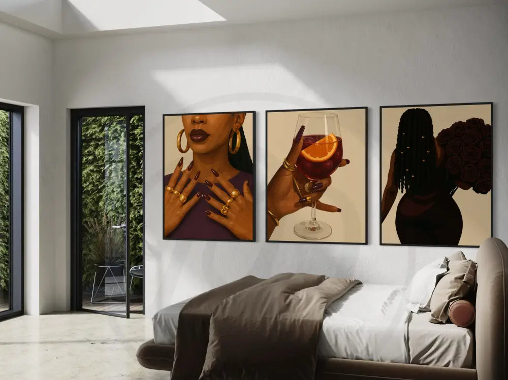 Modern African art set with bold fashion and wine imagery
