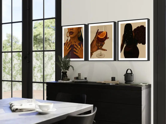 Printable Black woman art set featuring gold rings and red wine