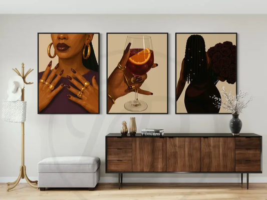 Afrocentric art trio with glossy nails, wine glass, and bouquet of roses