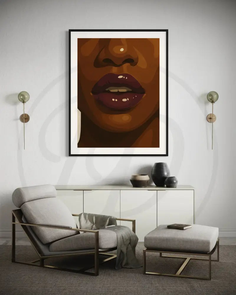 Glossy plum lips and gold rings in luxury wall decor