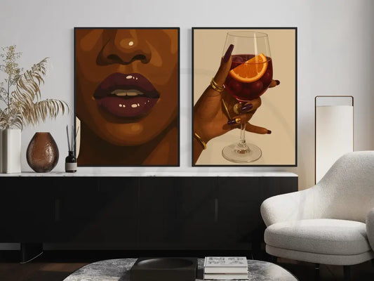 Afrocentric wall art showing glossy plum lips in close-up