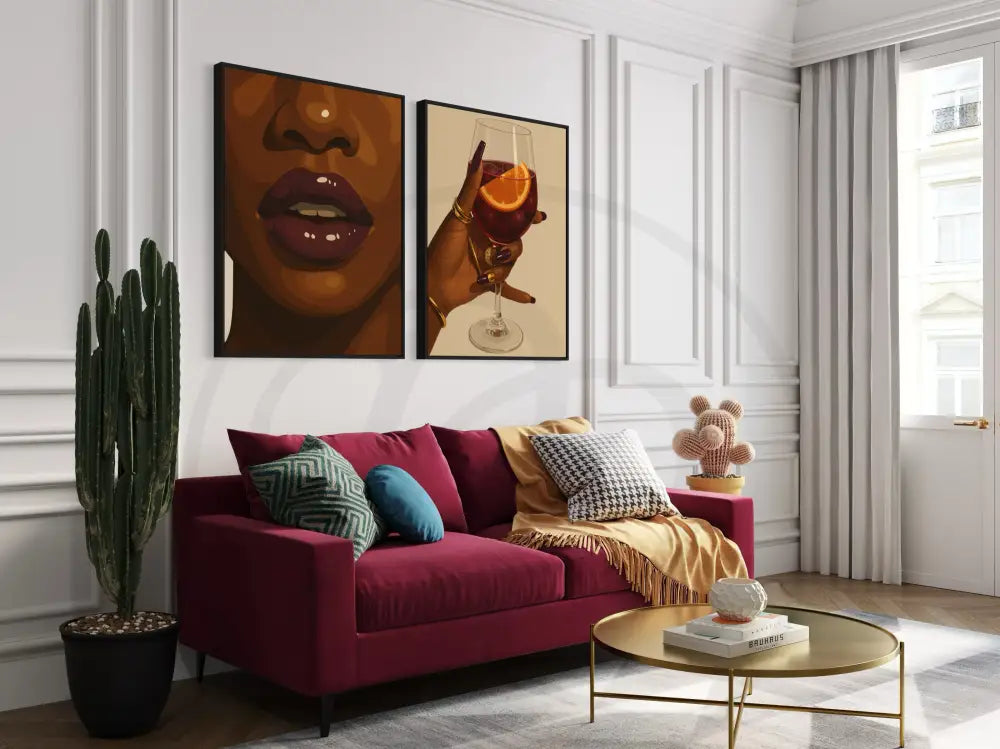 Bold fashion art print set with lips and wine for modern homes