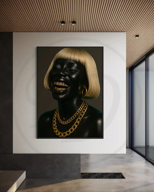 Black woman with blonde bob and gold grillz