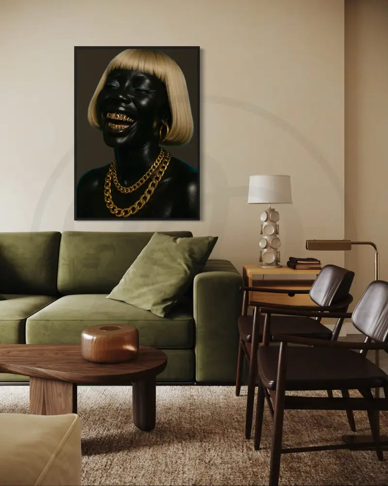 Black woman laughing with gold grillz