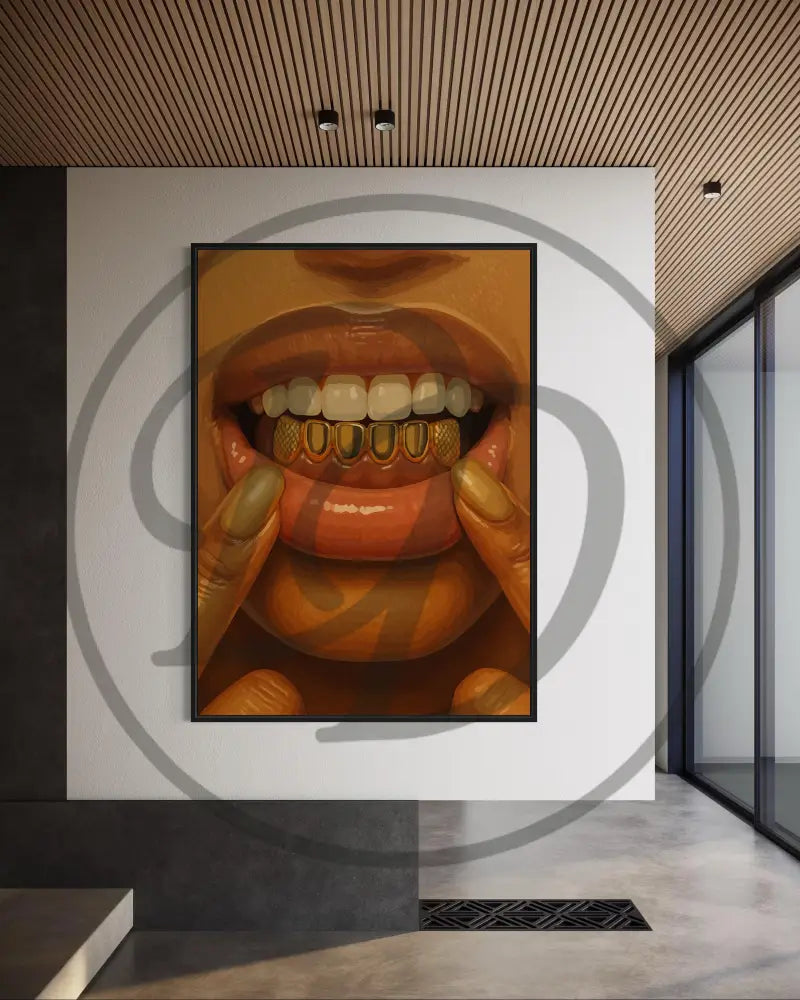 Afrocentric art of a gold grillz smile