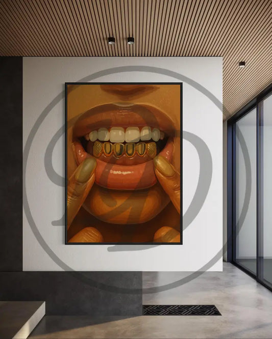 Afrocentric art of a gold grillz smile
