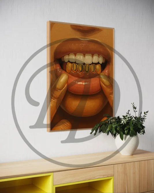 Digital artwork of gold teeth and lips closeup

