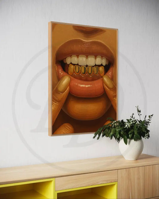 Digital artwork of gold teeth and lips closeup

