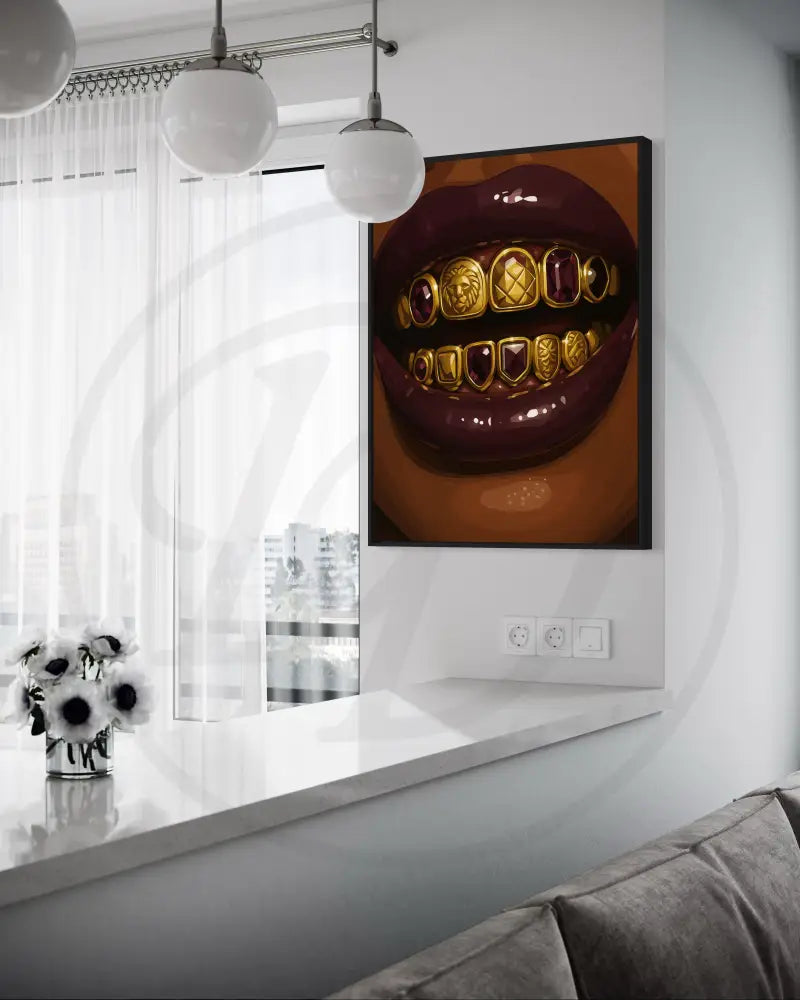 Glossy purple lips with luxury gold and gemstone grillz in digital art