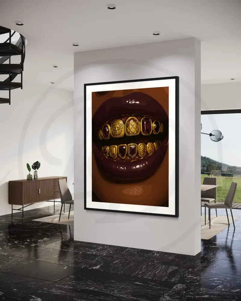 Digital portrait art of lips and teeth in regal gold jewelry