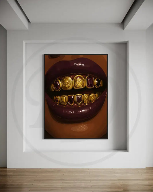 Close-up art of faceless Black woman with glossy plum lips and gold grillz