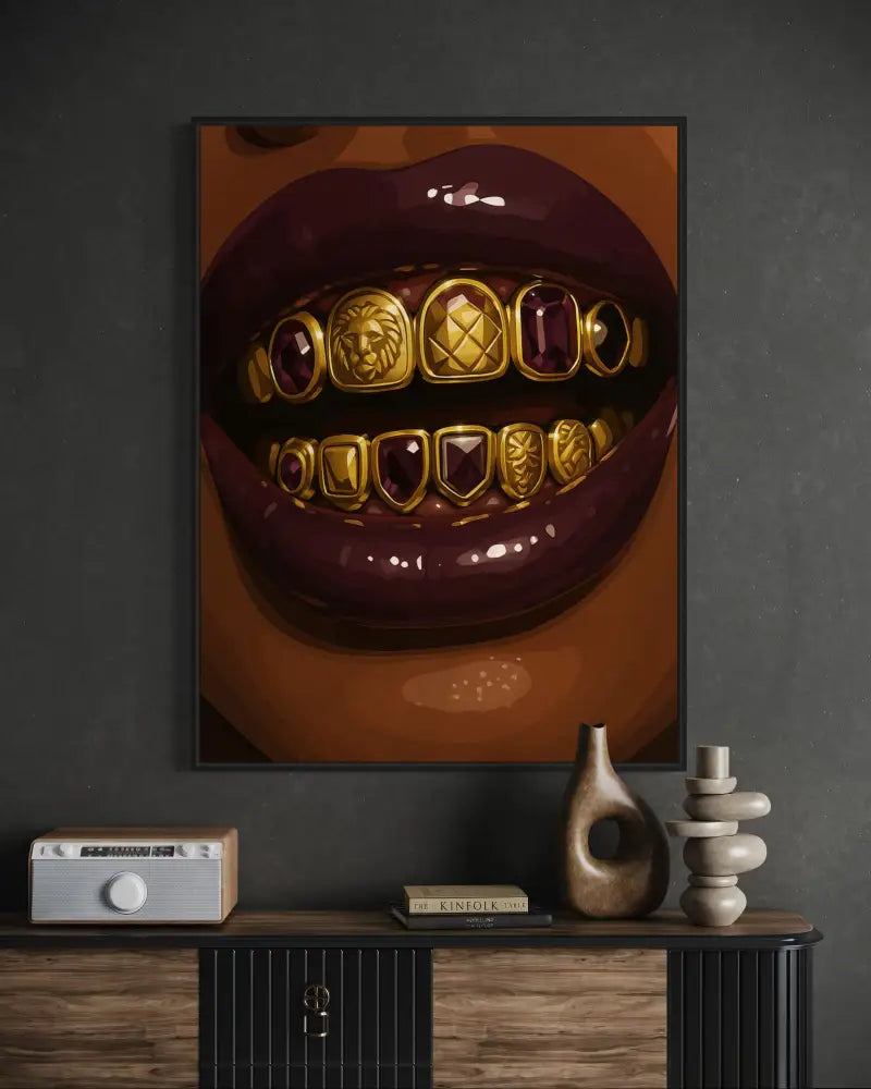 Urban glam Afro art print with opulent detailing and dark background