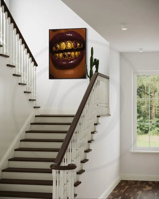 Afrocentric digital print featuring ornate gold grillz and rich skin tone
