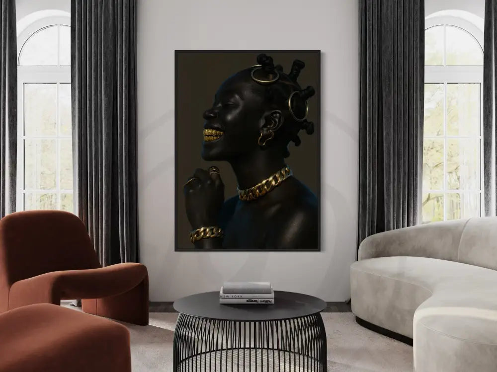 Bold smiling portrait with gold hoop earrings