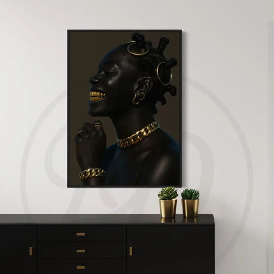 Black woman with gold grillz and Bantu knot hairstyle