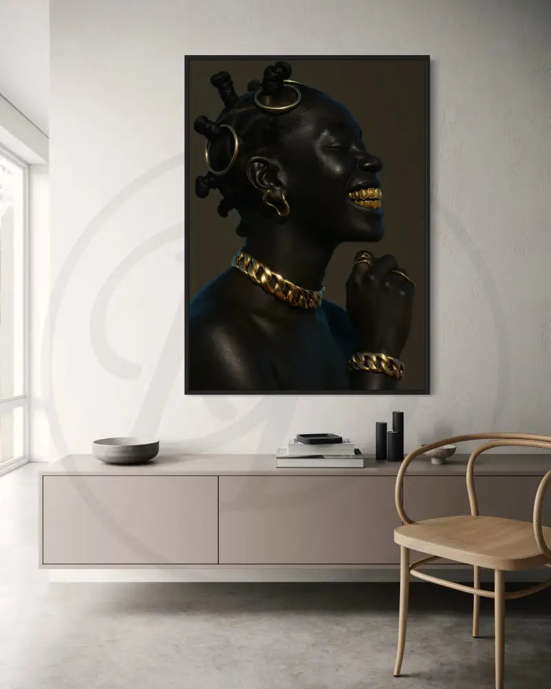 Bantu knots Black woman with gold grillz and jewelry