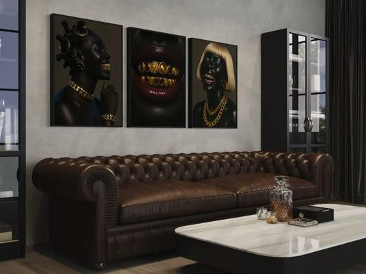 Afrocentric modern wall art with gold accents