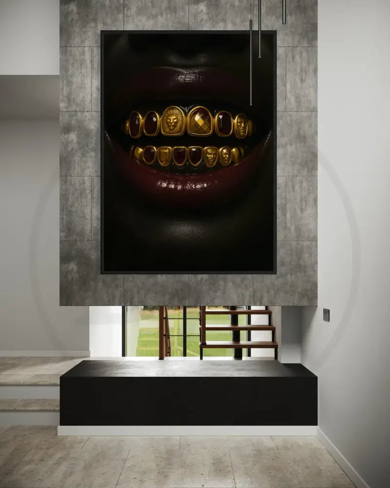 Close-up of gold and ruby grillz on Black lips
