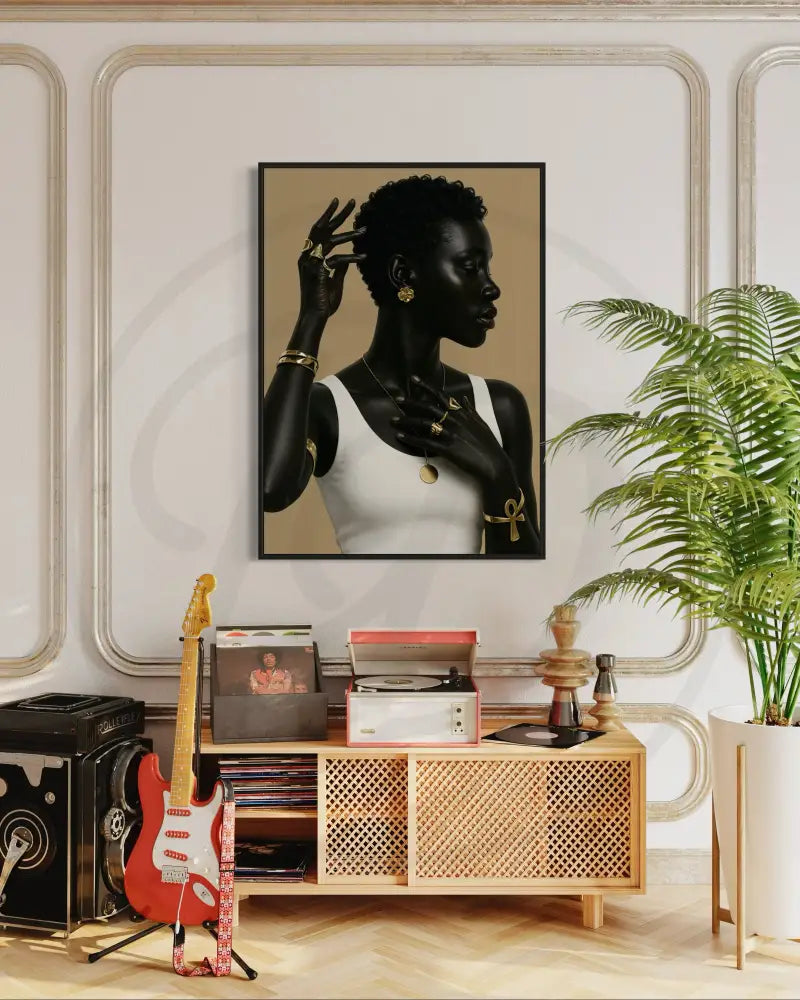 Black woman with gold earrings and pendant necklace