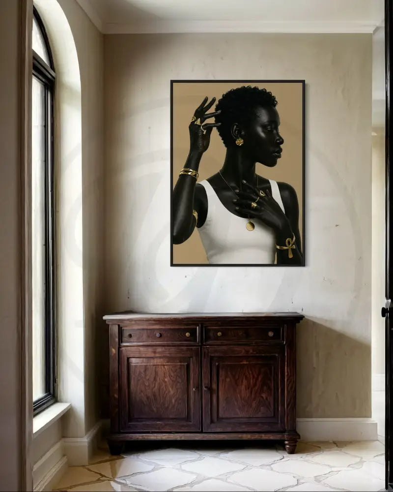 Modern wall art with white tank top and gold rings