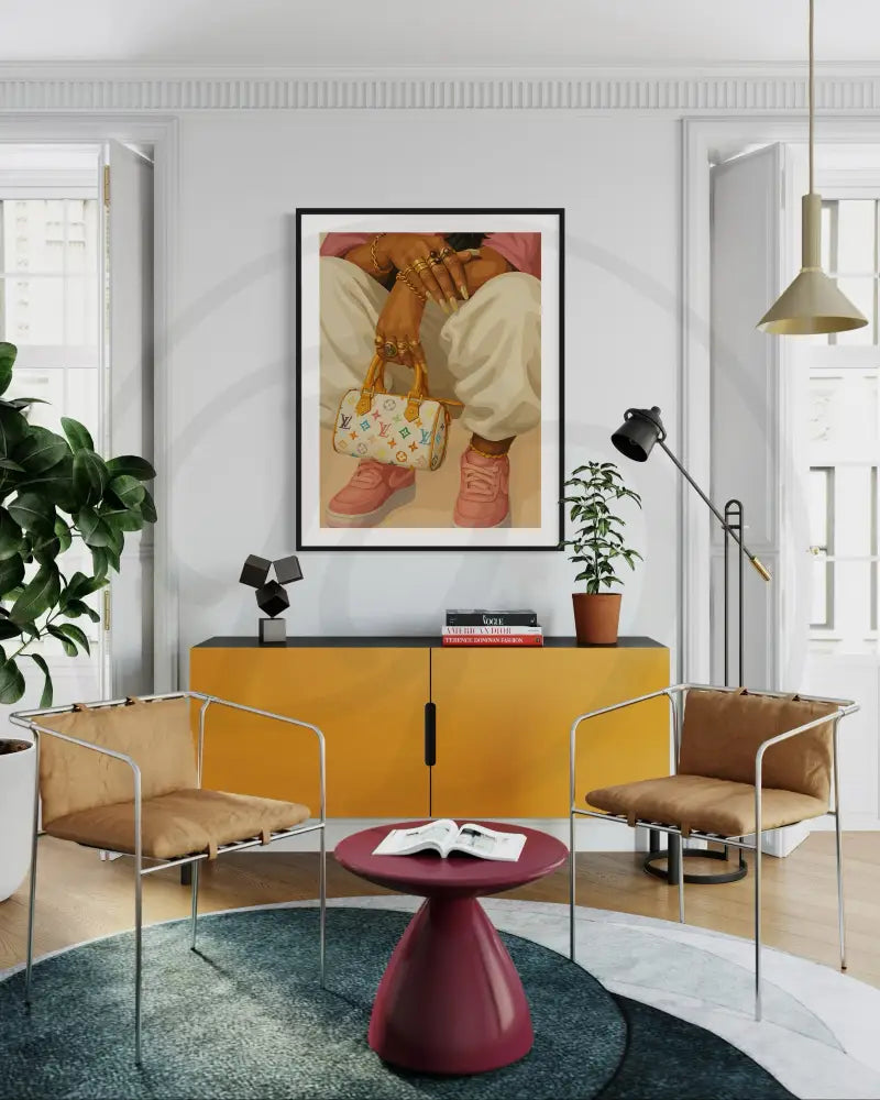 Modern wall art of sneakers and gold jewelry