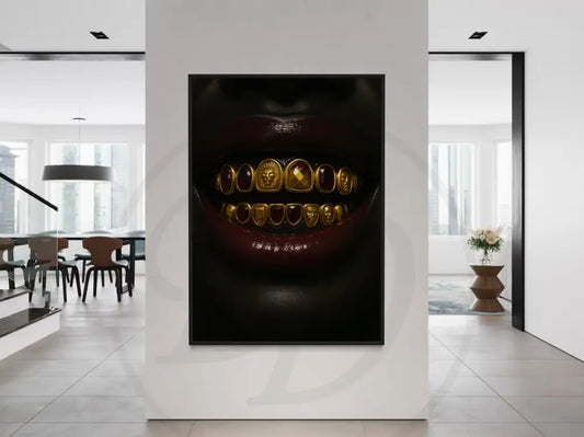 Close-up of gold grillz with ruby stones