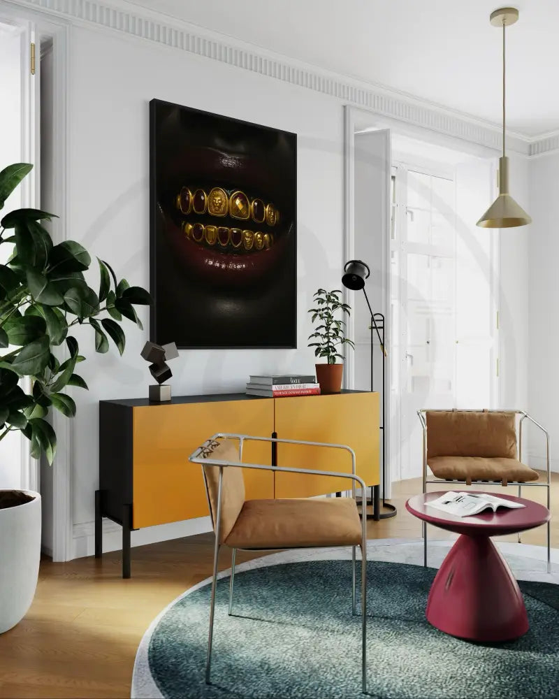Opulent ruby and gold teeth close-up art