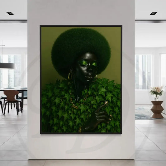 Black woman with emerald green afro and gold hoop earrings