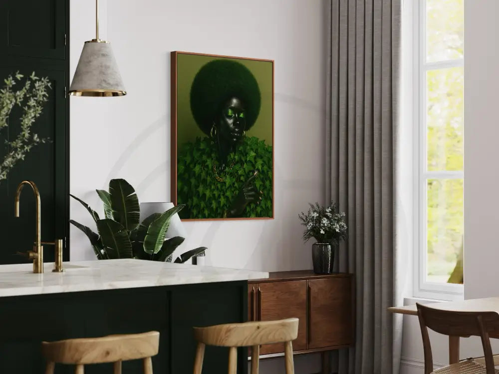 Afro beauty wearing botanical ivy drape