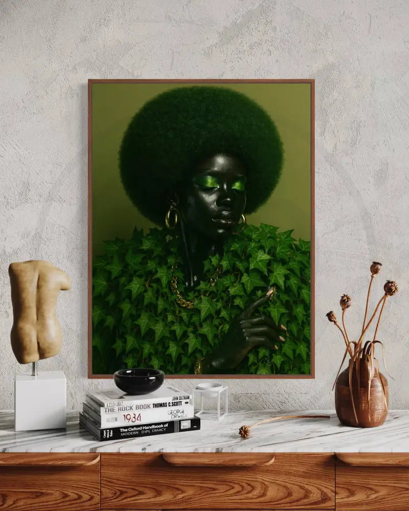 Striking wall art with green afro and gold jewelry