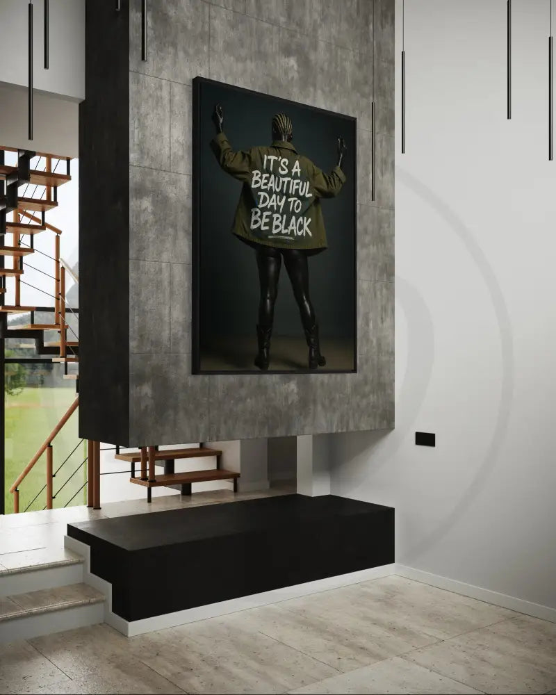Modern Afrocentric art print with olive jacket and bold typography.