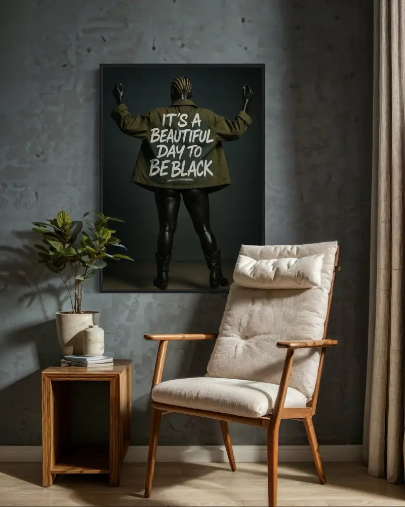 Black pride statement wall art with graffiti text and fashion styling.
