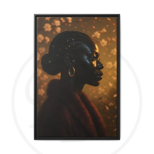 Profile portrait of Black woman in golden light with floral background