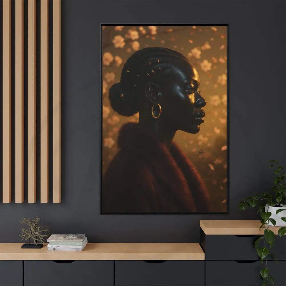 Luxurious wall art featuring poised Black woman with gold hoop earrings