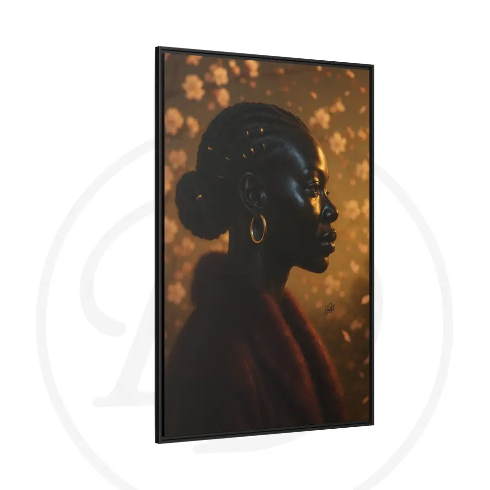 Side profile of elegant Black woman in golden hour light wearing fur coat