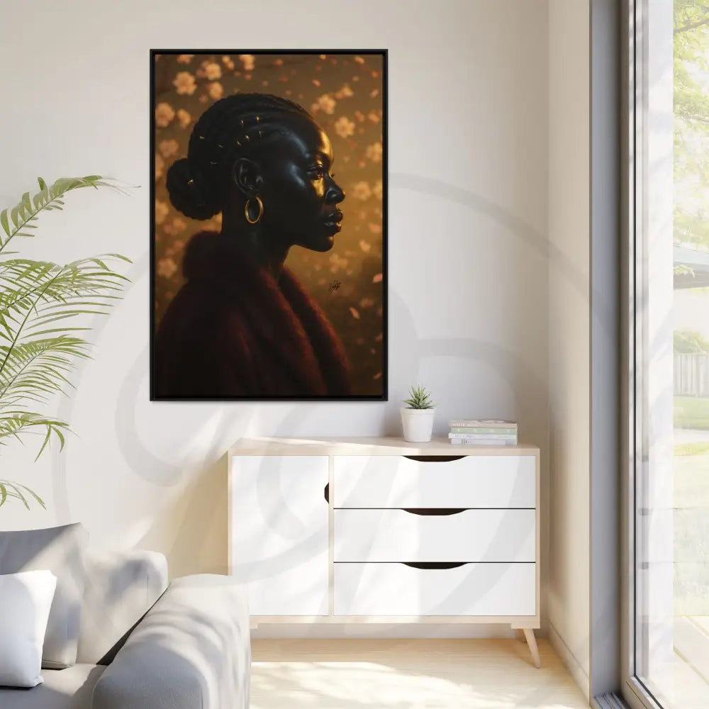 Afrocentric portrait with warm sunset tones and floral background