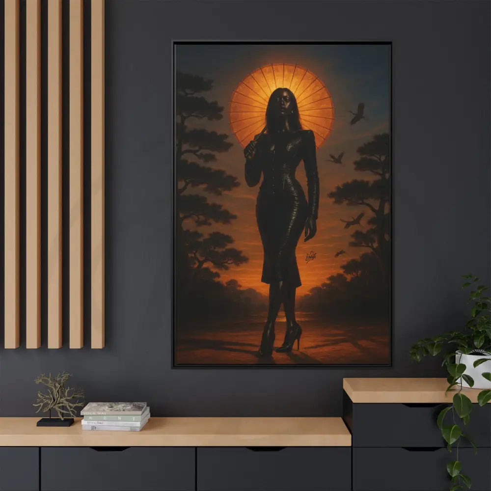 Afrocentric luxury art print with parasol and orange sky