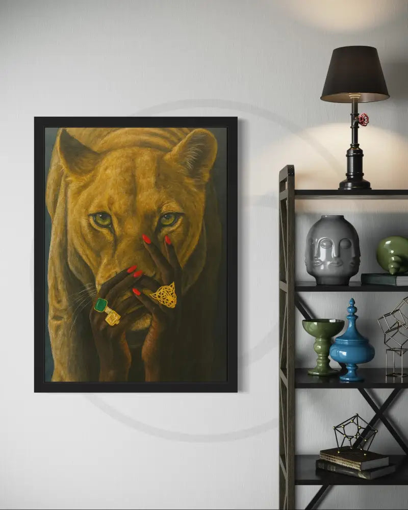 Black woman art with lioness and bold red nails