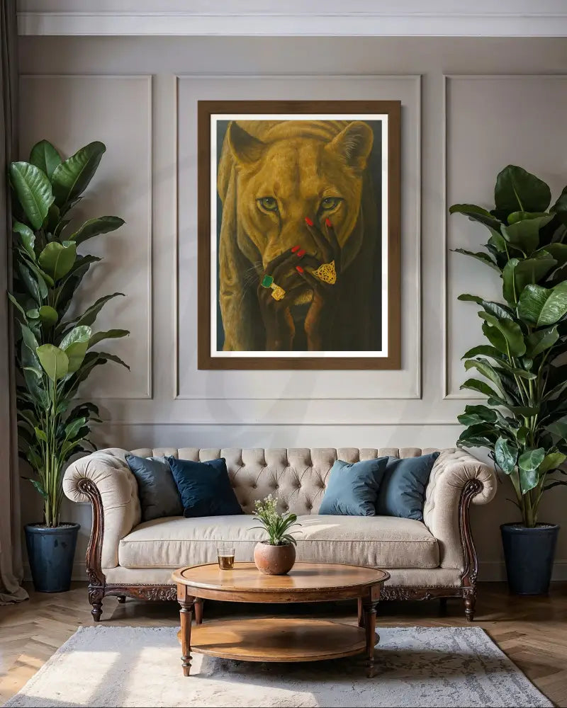 Lioness portrait with jewelry-adorned hands