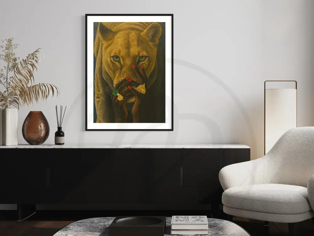 Printable artwork of lioness and gold rings