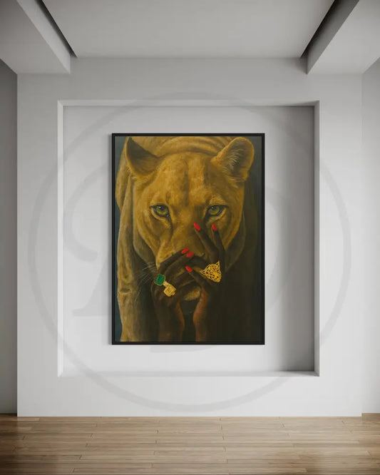 Lioness and Black woman art with gold jewelry and red nails