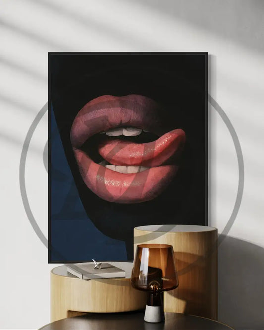 Glossy lips wall art digital download with tongue pose.