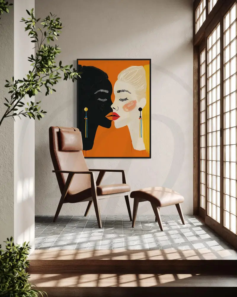 Modern printable wall décor with two women in unity and vibrant colors.