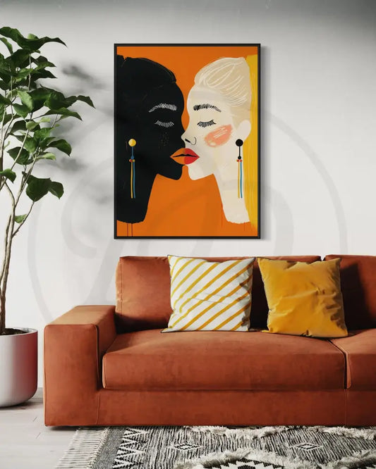 Abstract wall art of two women in profile symbolizing love and unity.